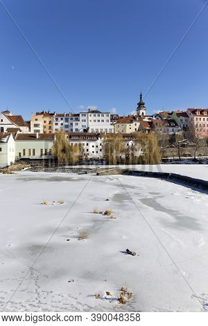 Colorful Royal Snowy Medieval Town Pisek Above The Frozen River Otava, Czech Republic