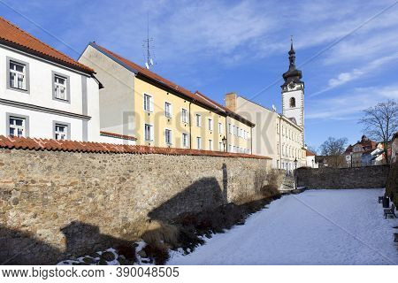 Colorful Royal Snowy Medieval Town Pisek Above The Frozen River Otava, Czech Republic