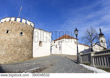Colorful Royal Snowy Medieval Town Pisek Above The Frozen River Otava, Czech Republic