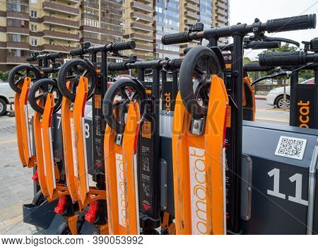 Russia, Voronezh - August 2019, 24: Electric Scooters In The Rental Parking In The Rc 
