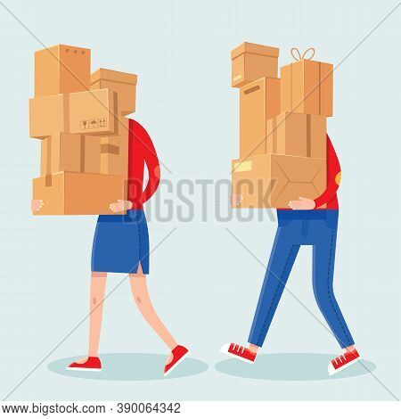 People Carrying Boxes Stack. Cartoon Man And Woman With Heavy Carton Box Pile. Family Couple Carry P
