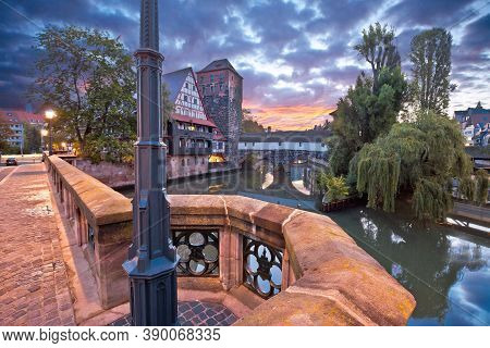 Nurnberg. Pegnitz River Weaterfront Weinstadel And Henkersteg In Nuremberg Dawn View, Bavaria Region