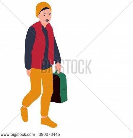 The Boy Goes To School Vector Stock Illustration. A Child With A Satchel In His Hands Goes To School