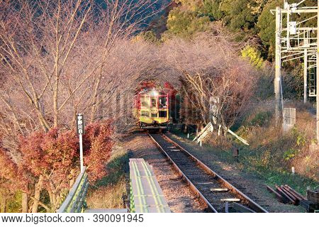 Arashiyama, Kyoto, Japan November 17, 2017: Classic Train On Autumn At Kameoka Torokko Station It Is