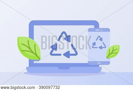 Electronic Waste Recycling Concept Recycle Icon Triangle On Display Laptop Smartphone Screen White I