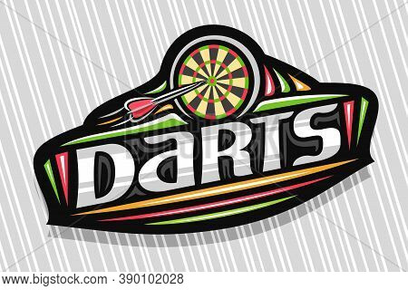 Vector Logo For Darts Sport, Dark Modern Emblem With Illustration Of Flying Darts Arrow In Target, U