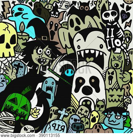 Happy Halloween Illustration, Wolfman, Spooky, Vampire And Witch Surrounding The Ghost Lovely Happy