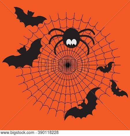 Black And Orange Cartoon Isolated Spider Web With Funny Spider, Flying Bats. Simple Image With Cobwe
