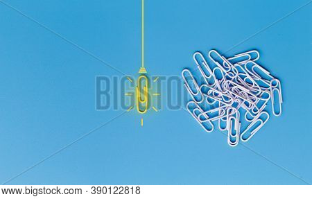 Great Ideas Concept With Paperclip,thinking,creativity,light Bulb On Blue Background,new Ideas Conce