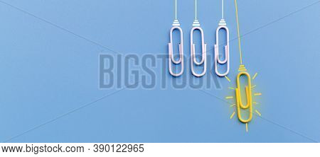 Great Ideas Concept With Paperclip,thinking,creativity,light Bulb On Blue Background,new Ideas Conce