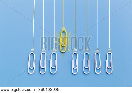 Great Ideas Concept With Paperclip,thinking,creativity,light Bulb On Blue Background,new Ideas Conce