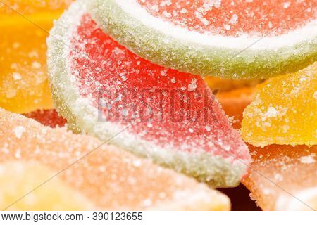 A Bunch Of Colored Marmalade With Sugar. Delicious Dessert
