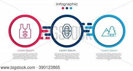 Set Line Life Jacket, Rafting Boat And Mountains With Tree. Business Infographic Template. Vector