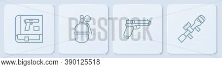 Set Line Book With Pistol Or Gun, Pistol, Hand Grenade And Sniper Optical Sight. White Square Button
