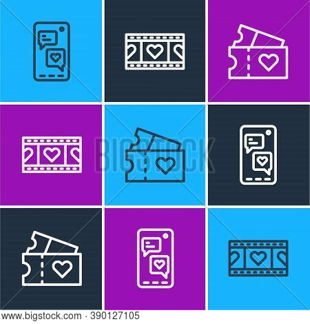 Set Line Mobile With Heart, Love Ticket And Play Video Icon. Vector