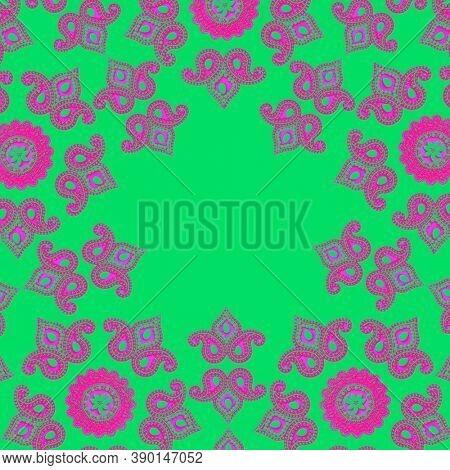 A vibrant, very colorful decorative border created with Indian paisly motifs. 