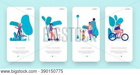 Sport Onboard Screen. Cartoon Training Concept For Mobile App Page. Trendy Mobile Application Ui Wit