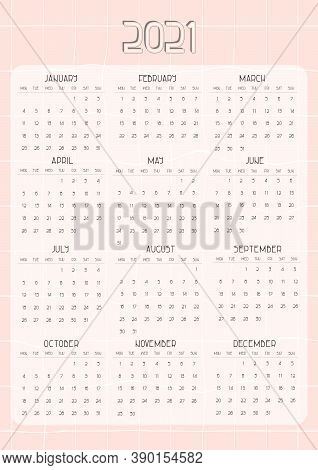 Pink Dates Calendar From January To December From Monday To Sunday For 2021 Year