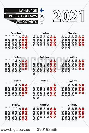 Vector Template Calendar 2021 With Number In Circles, Simple Finnish Calendar For Year 2021. Vector 