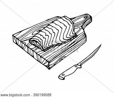 Fish Fillet On Wooden Kitchen Board, Delicious Food, Decoration For Restaurant Seafood Menu, Vector 