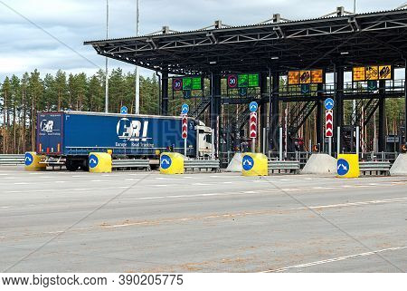 Truck Entering Toll Plaza Point At Toll Road, Tver Region, 15/10/2020