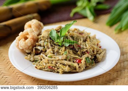 Northern Thai Food (yum Nor Mai), Spicy Bamboo Shoot Salad With Crab Paste Eating With Pork Rind, Ba