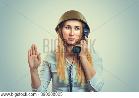 Woman In Military Armor Cap Helmet Equipment Of World War Ii Period Talking At Phone Giving Her Salu