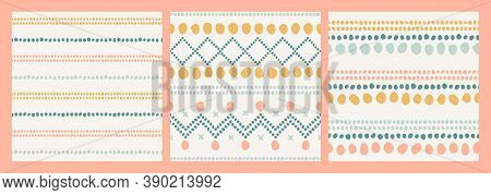 Boho Seamless Vector Patterns. Abstract Ethnical Hand-drawn Shapes, Dot Stripes, Crossed Lines. Trib