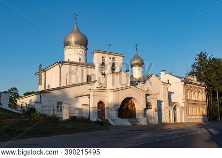 Orthodox Church Of Varlaam Khutynsky On Svenice Near The Old City Wall. Pskov, Russia