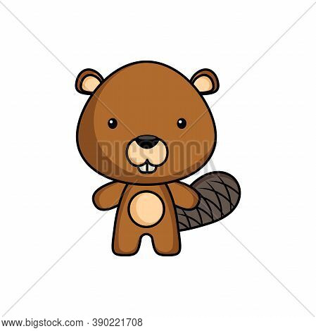 Cute Cartoon Beaver Logo Template On White Background. Mascot Animal Character Design Of Album, Scra
