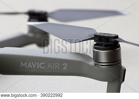 Belgorod, Russia - NOV 17, 2020: Propeller of the drone Mavic air 2 with the logo and lettering.