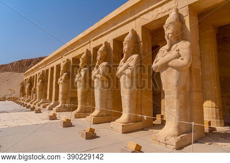 Sculptures Of Pharaohs Entering The Funerary Temple Of Hatshepsut In Luxor. Egypt