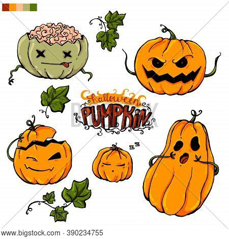 Set Of Colorful Juicy Vector Pumpkins For Halloween On A White Background.