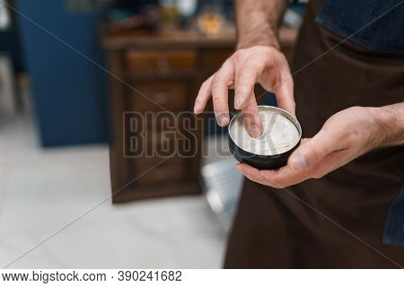 Hairdresser Using Pomade To Hair Styling. Barbershop