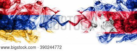 Armenia Vs Cambodia, Cambodian, Khmer Smoky Mystic Flags Placed Side By Side. Thick Colored Silky Ab