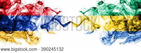 Armenia Vs Gabon, Gabonese, Gabonian Smoky Mystic Flags Placed Side By Side. Thick Colored Silky Abs