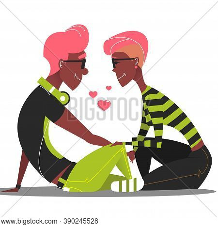 Couple In Love. Romantic Characters For The Feast Of Saint Valentine. Guy And Girl Embracing Each Ot