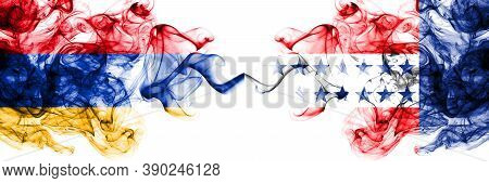 Armenia Vs Tuamotu Archipelago Smoky Mystic Flags Placed Side By Side. Thick Colored Silky Abstract 