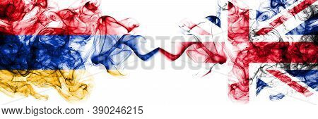 Armenia Vs United Kingdom, Great Britain, British Smoky Mystic Flags Placed Side By Side. Thick Colo
