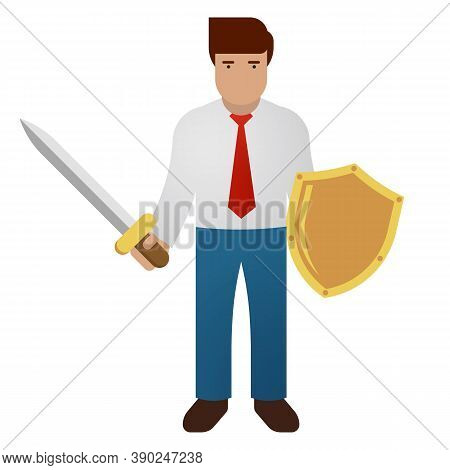 Businessman Holding Sword And Golden Shield. Business Defending, Hero, Knight Concept. Vector Illust