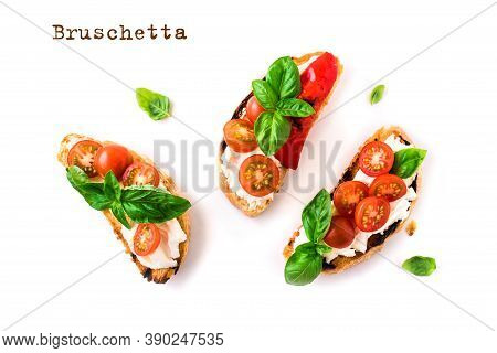Bruschetta Sandwiches With Tomatoes, Cream Cheese, Grilled Paprika And Basil Isolated On White Backg
