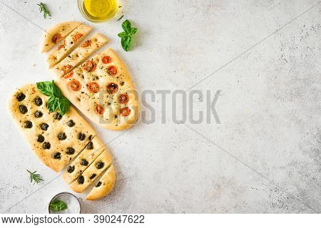 Italian Focaccia Bread With Various Vegetable Filling. Fresh Baked Focaccia With Tomatoes, Olives, G