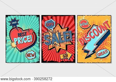 Comics Style Backgrounds Set. Cartoon Banners Collection. Pop Art Templates With Speech Bubbles, Tex