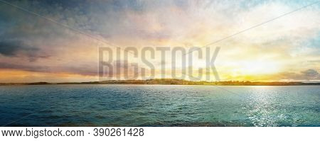 Beautiful Panoramic Sunset On Water Body In Autumn. Lithuania.