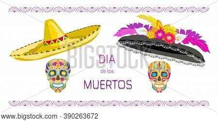 Two Painted Colorful Sculls (calaveras) For Day Of The Dead (dia De Los Muertos) In Mexico, With Hat