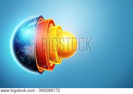 Internal Structure Of The Earth, Core Structure, Geological Layers On A Blue Background. Earth Geolo
