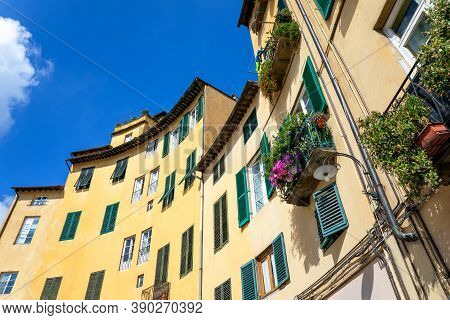 Lucca, Italy, Detail Of The Architectures Arranged In A Hemicycle Of The Anfiteatro Square