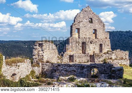 Ruins Of Medieval Hohenurach Castle Near Bad Urach, Germany. Scenery Of Abandoned German Castle On M