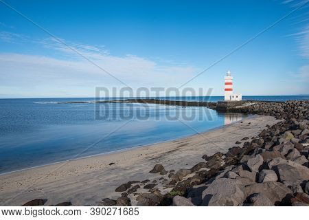 The Old Gardskagaviti Lighthouse On The Coast Of Reykjanes Peninsula In Iceland