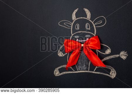Ox With Red Bow Symbol Of New 2021 Year Drawn On Black Chalkboard. Copy Space